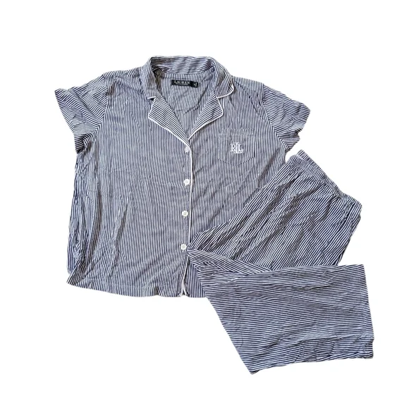 Lauren Ralph Lauren Striped Button-Up Pajama Set - Navy & White XL - Picture 1 of 9